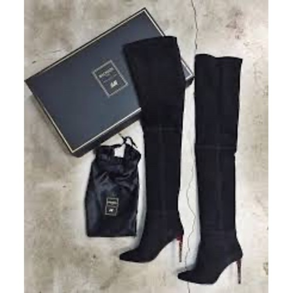 Balmain x H&M Black Suede Over The Knee Boots Thigh High Tortoise Heel Size 8 39